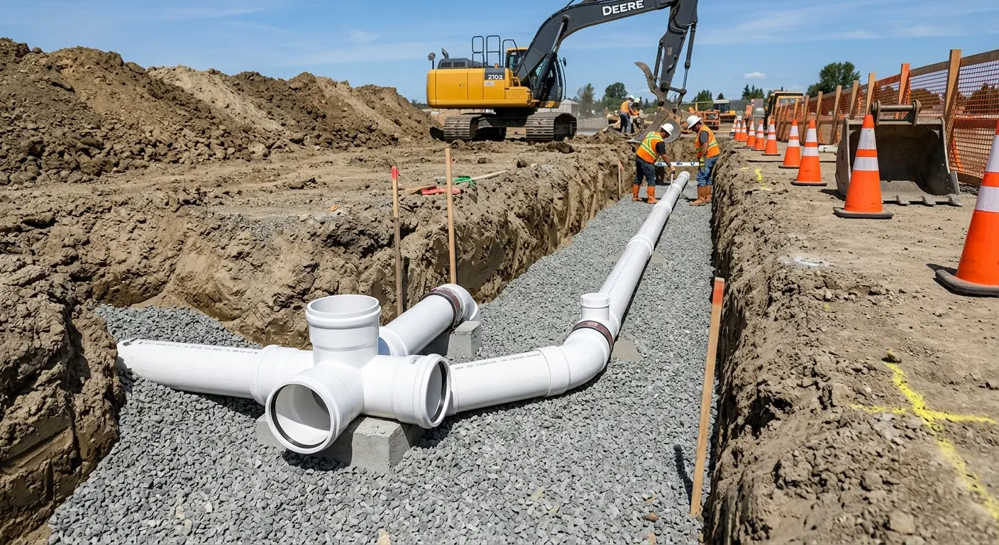 New PVC sewer pipe installation in open trench for Sewer Camera Inspection in Pelican Bay