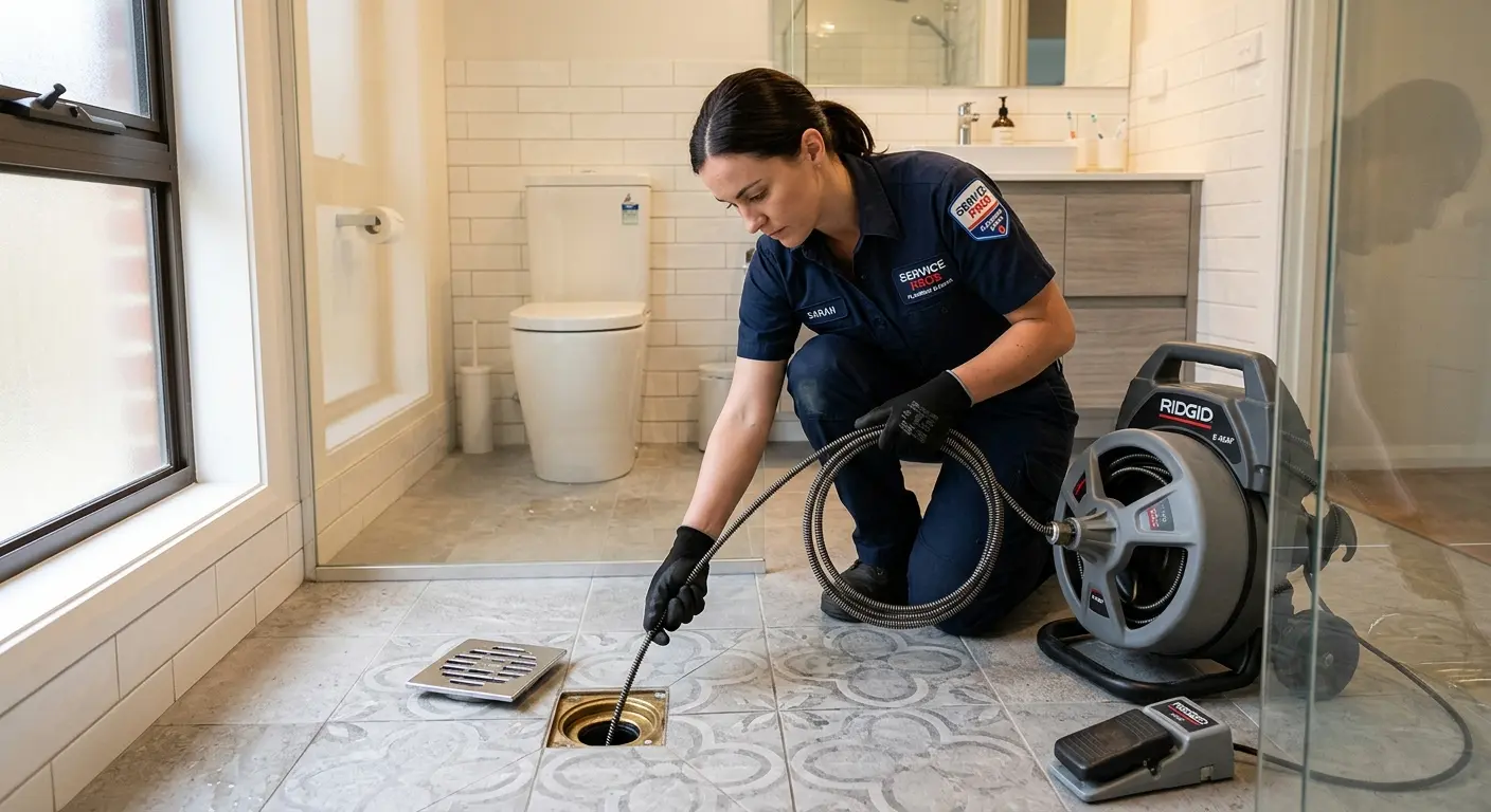 Technician clearing a bathroom floor drain for Drain Cleaning in Pelican Bay